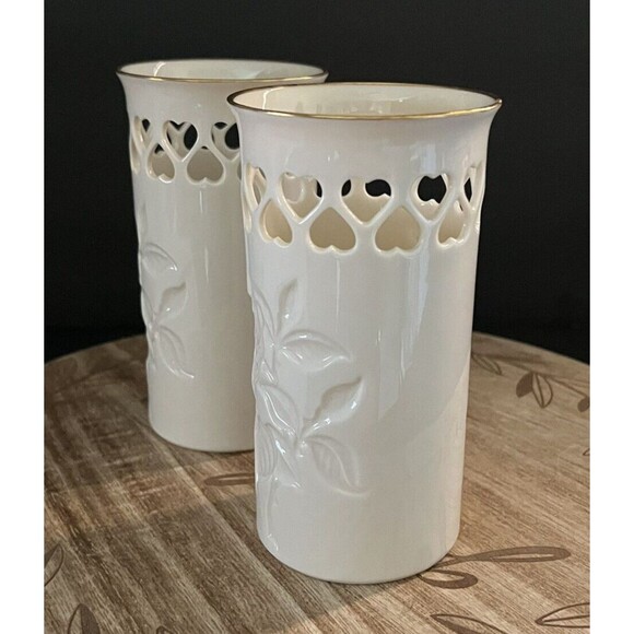 Lenox Special Collection Rose Floral Pierced Hearts 6" Vase Gold Trim Lot of 2 - Picture 4 of 9